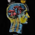 Close-up of the anatomy and mushrooms print on the Amsterdam t-shirt